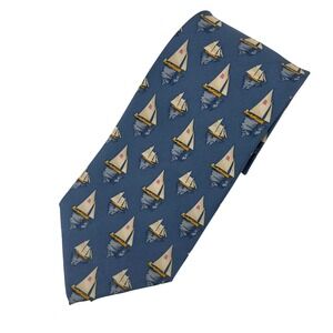 VTG Museum of Fine Arts Boston Silk Tie Blue Sailboat Nautical Novelty Print